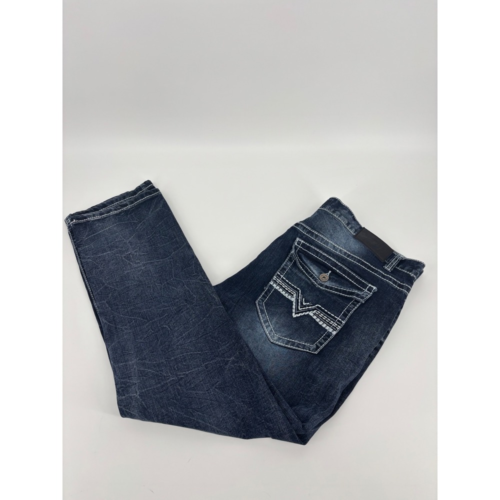 True Luck Mens Blue Denim Jeans 40/30 Straight Leg Dark Wash Whiskered Casual